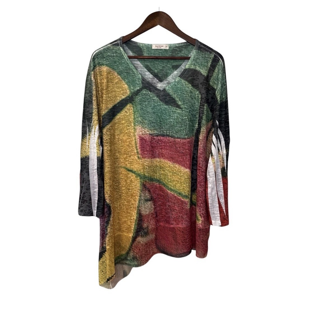 Jess and Jane asymmetrical blouse womens 2X colorful abstract art lagenlook boho